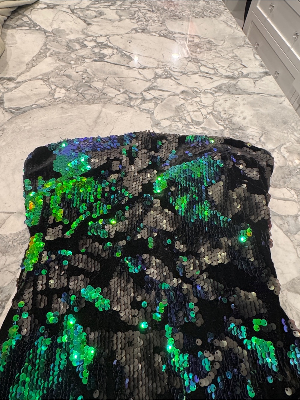 bebe Black Sequin Strapless Dress with Green & Blue Iridescent Accents - Picture 3 of 5